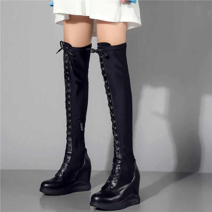 Thigh High Boots Women Genuine Leather Lace Up Knee High Booties Wedges High Heel Tall Shaft Punk Sneakers Winter Punk Creepers