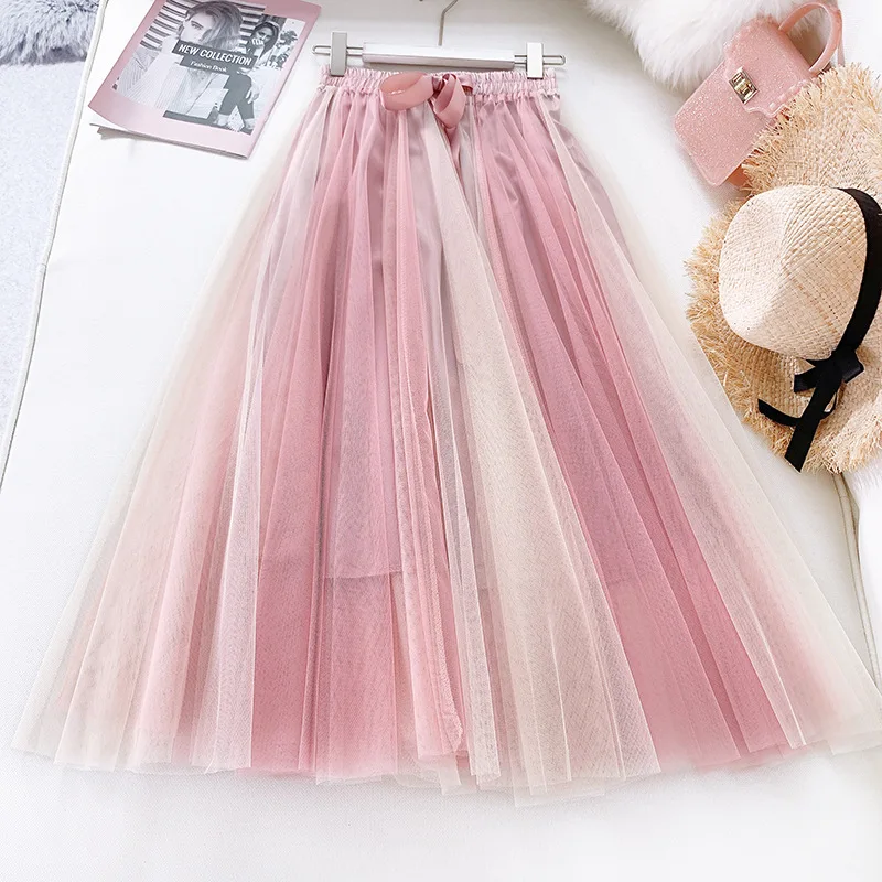 

AcFirst Summer Pink Women Skirt A-Line Ankle-Length Mesh Clothing Sexy Empire Sweet Long Skirts Sequins Sashes Plus Size