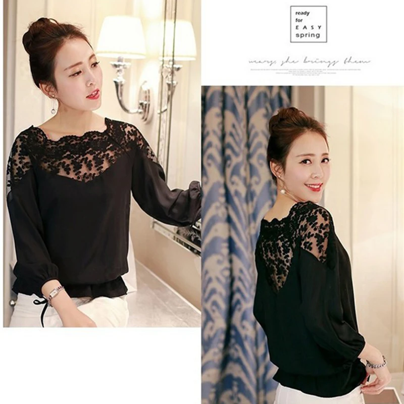 Hengsong Летняя женская шифоновая блузка, модные женские кружевные рубашки, Белый Топ, футболка, женская блузка с длинным рукавом, прошитая блузка - Цвет: black