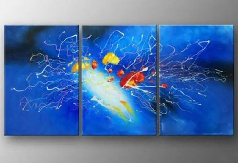 

Handpainted Abstract Lines Jellyfish Blue Oil Paintings on Canvas Modern Home Decorativos Lienzos 3 Panel Wall Painting Pictures