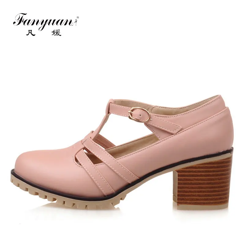 

Fanyuan escarpins femme 2018 Vintage round toe Ladies Shoes Chunky heel dames schoenen Ankle Strap platform shoes high heels