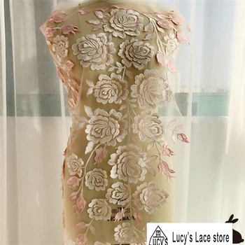 

1 Yard 3d Rose flowers lace fabric Pink embroidery tulle mesh high end child girls dress making 2018 NEW lace