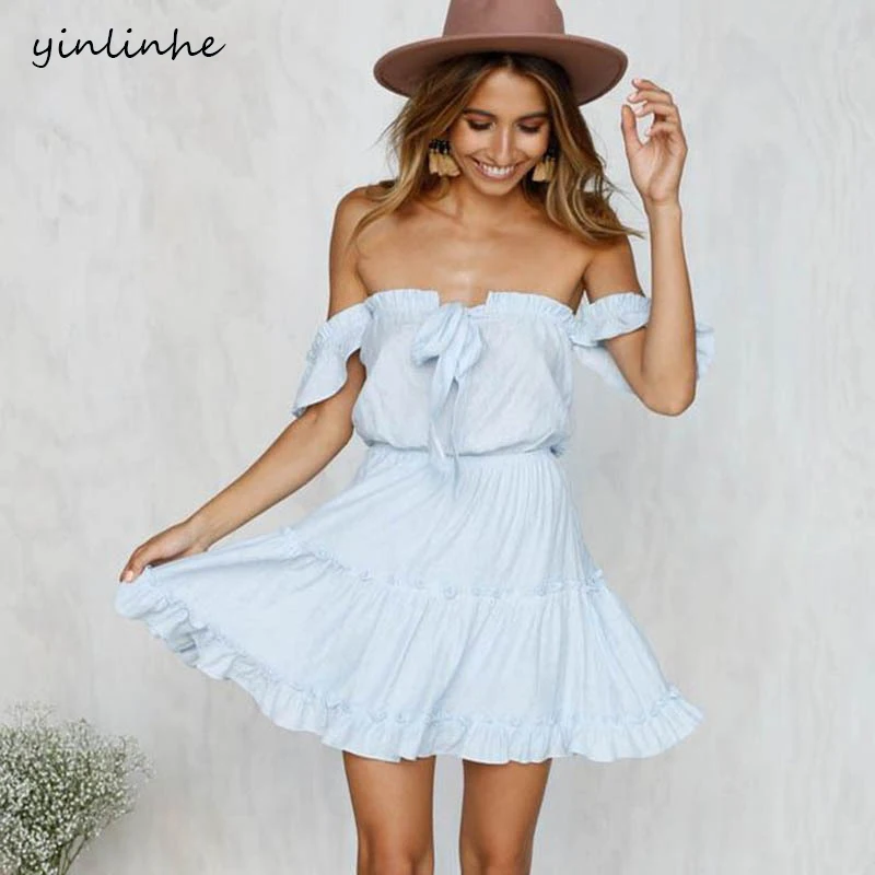 yinlinhe Blue Off Shoulder Summer Dress Short Sleeve Women Dress ...
