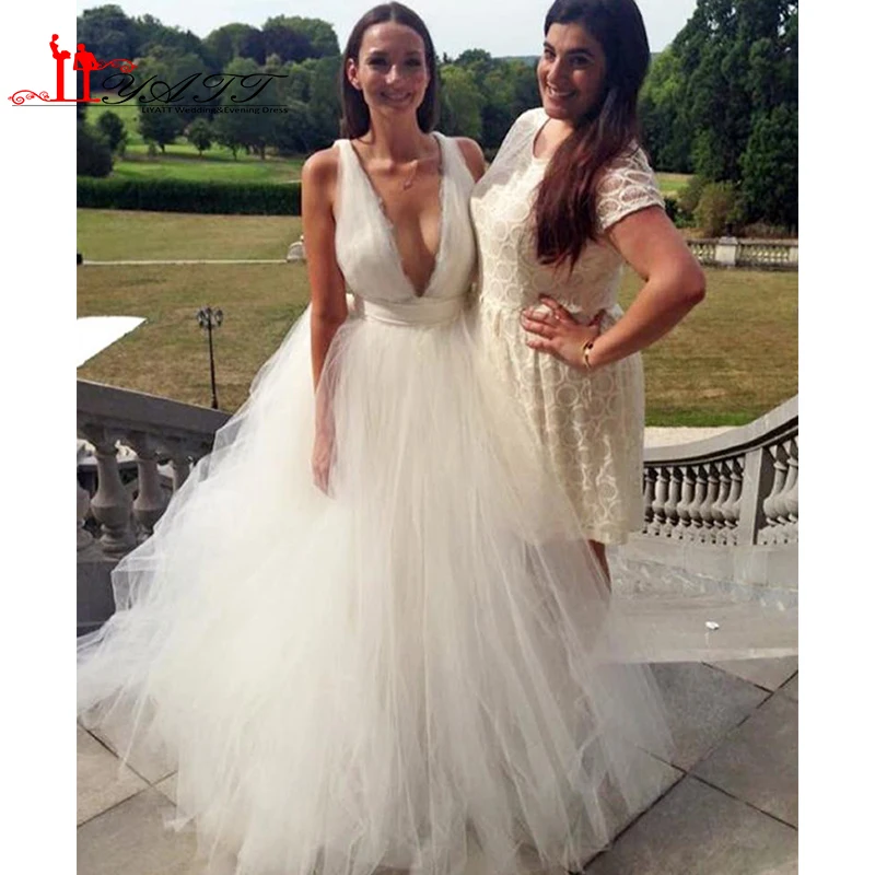 Y Summer Beach Wedding Dress Plunging Neckline Puffy Tulle A Line Y Summer Beach Wedding Dress Plunging Neckline Puffy Tulle A Line Bridal Gown V Backless Custom Designer Country Bride In Dresses From