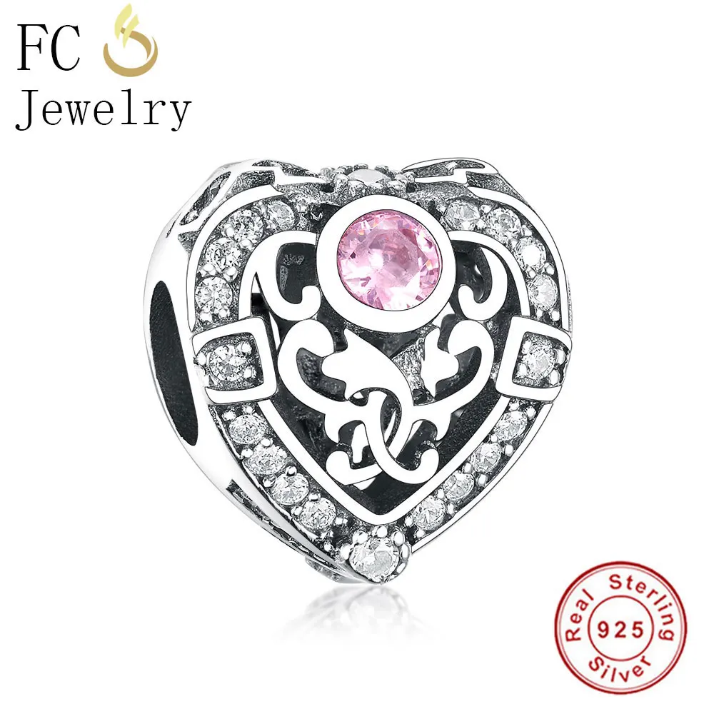 

FC Jewelry Fit Original Pandora Charms Bracelets Authentic 925 Silver Pink CZ Crystal Stone Heart Beads for DIY Making Berloque