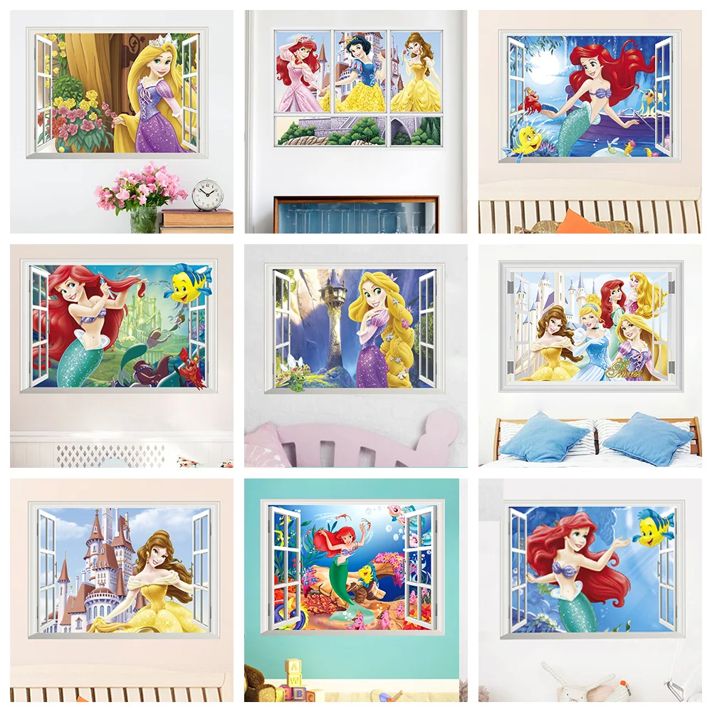 Белоснежка, Золушка, Аврора, принцесса, 3d наклейки на окна для детской комнаты, украшение для дома, мультяшная фреска, художественные наклейки на стены для девочек