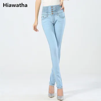 

Hiawatha Spring New Large Size Trousers Women Elastic Waist Pencil Pants Fashion High Waist Slim Jeans JST040