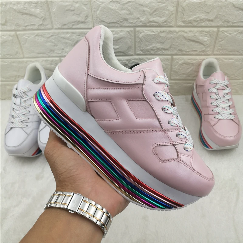 

Real Leather Rainbow High Platform Oxford Women Shoes Lace Up Flats Top Quality Leather Trainers Casual Shoes Sneaker Women's