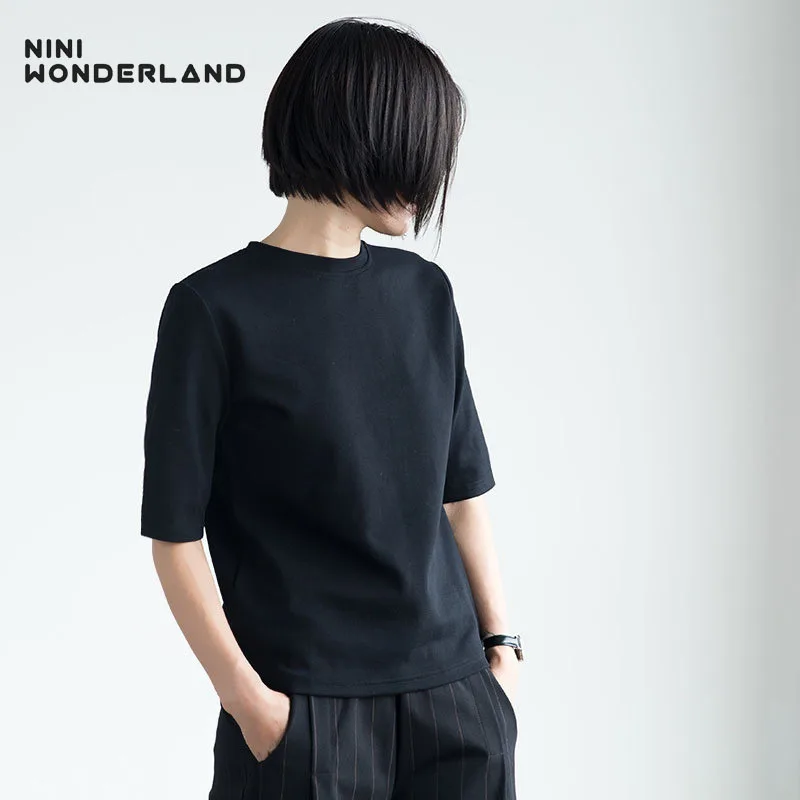 

NINI WONDERLAND Spring Cotton T Shirt Women Brief Vintage Tops Summer Female Spring High Elasticity Casual T Shirt Black Gray