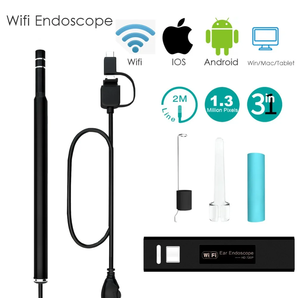 1.3MP USB WIFI HD 720P Visual Ear Endoscope Spoon 5.5mm Camera Borescope Android PC IOS Tablet