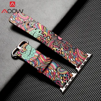 

Leather Watchband for Apple Watch 38mm 42mm 40mm 44mm Flower Strap Floral Prints National Style Bracelet Band for iwatch 1 2 3 4