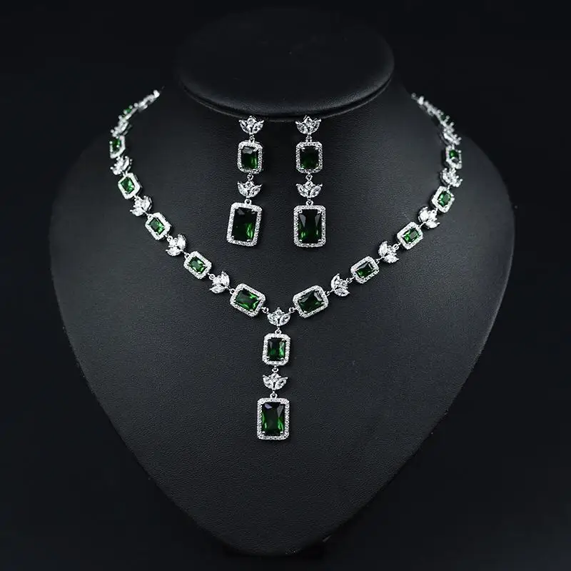 HIBRIDE New Arrival Water Drop Clear Cubic Zirconia Nigerian Jewelry Sets Women Bridal Square Shape Necklace Earring Set N-1047 - Окраска металла: green