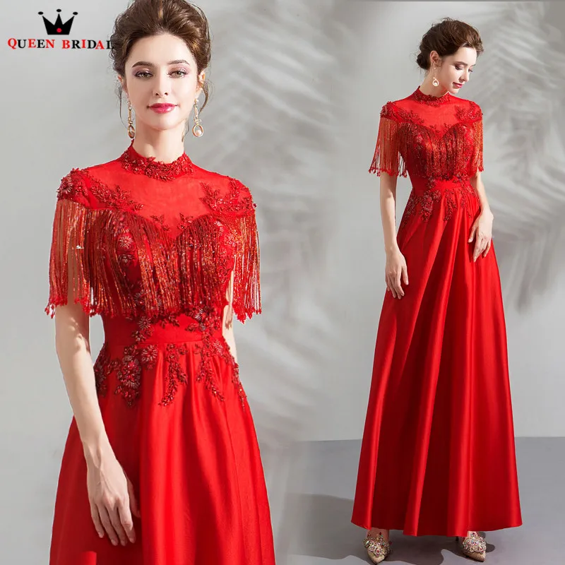 A-line High Neck Lace Beading Crystal Elegant Formal Red Evening Dresses 2018 New Arrival Gown Robe De Soiree JU59 | Свадьбы и