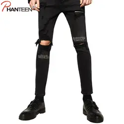 Phanteen Slim Fit черный человек Джинсы для женщин рваные письмо Вышивка повседневные джинсы хип-хоп рок-н-ролл тощий моды Для мужчин бренд Джинсы