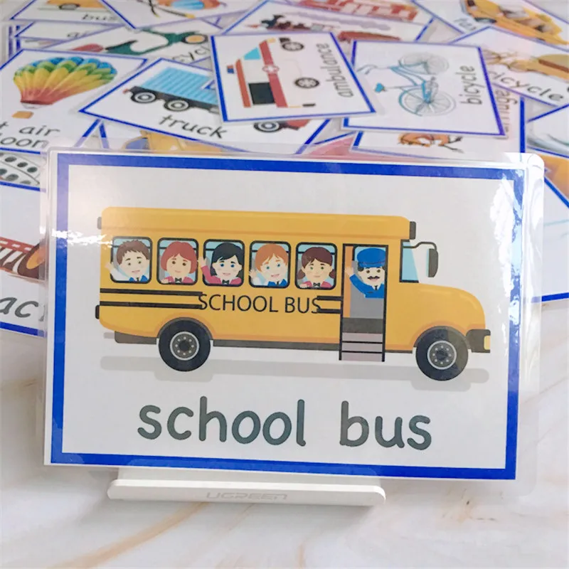 

25Pcs/Set Montessori English Learning Cards For Children Kids Flash Cards Baby Traffic Pattern Bus Taxi Car Educational Toys