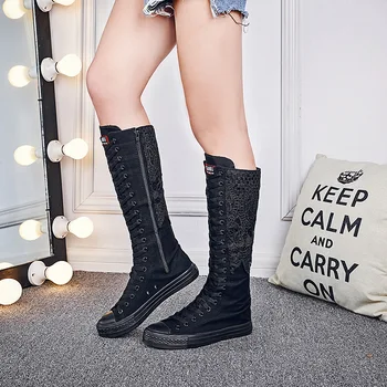 

Autumn new high-rise canvas lace canvas boots side zipper front lace Fashion Girl's Canvas Boots Women Knee High Canvas Shoes