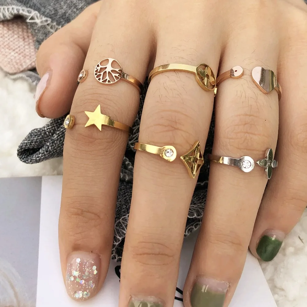

wome ring engagement love life tree clover star ring opening stainless steel Zircon ring female jewelry kpop ring set