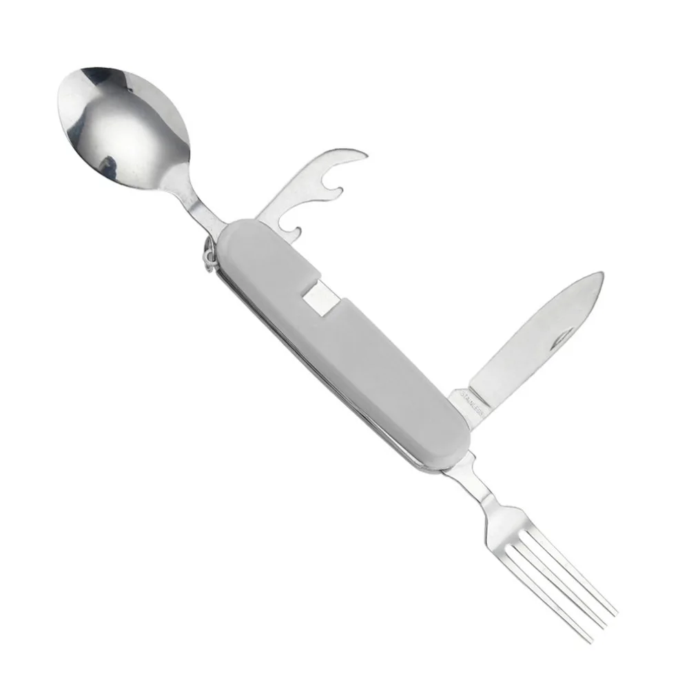 Portable 4 in 1 Stainless Steel Spoon Fork Knife Set Folding Hiking Camping PicnicTableware Multi Function Tool 