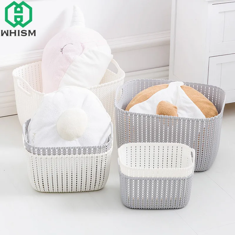 

WHISM Plastic Desktop Sundries Organizer Imitation Rattan Storage Basket Vintage Cosmetic Container Bathroom Makeup Storage Box
