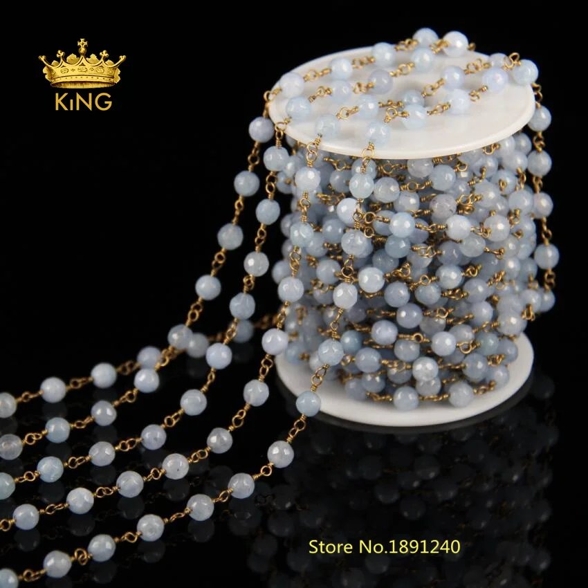 

5Meter Stylish and Beautiful Handcrafted Bronze Plated Aquamarine Blue Malaysia Jade Beaded Chains Faceted Rosary Chain HX062