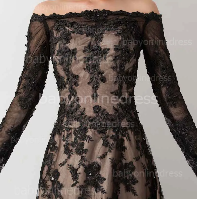 Middle East Black Lace Muslim Arabic Evening Dress Long Sleeve Boat Neck Kaftan Dubai Evening Gown with Train Robe de Soiree Middle East Black Lace Muslim Arabic Evening Dress Long Sleeve Boat Neck Kaftan Dubai Evening Gown with Train Robe de Soiree