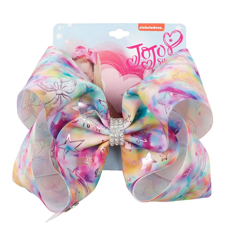 

8" Large JoJo Bow with Hair Bow for Girls Handmade Printed Cartoon Hair Bows Rainbow Horse Girls Rhinestone Hair Accessories