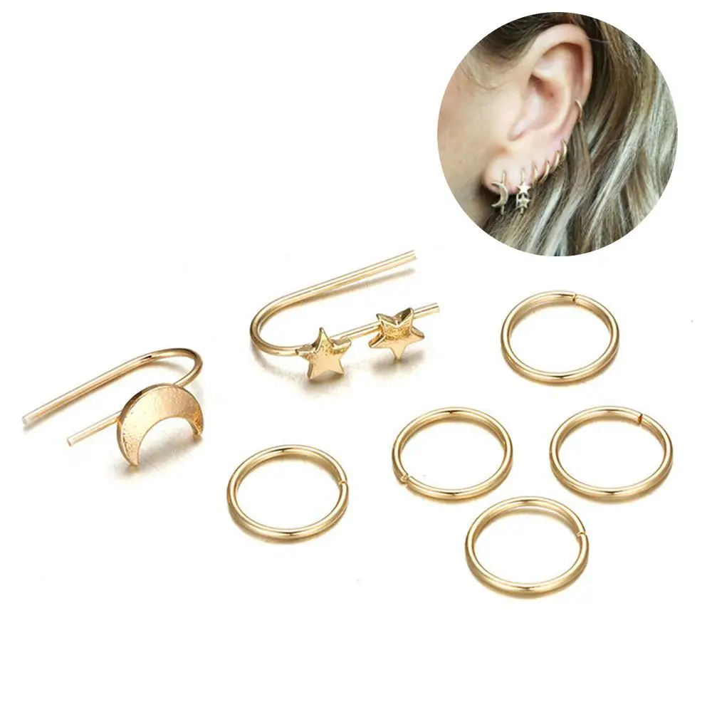 

7PCs/Set Fashion Minimalist Circle Clip Earrings Set Punk Gold Moon Star Hook Earrings Clip Ear Fashion Jewelry Accessories