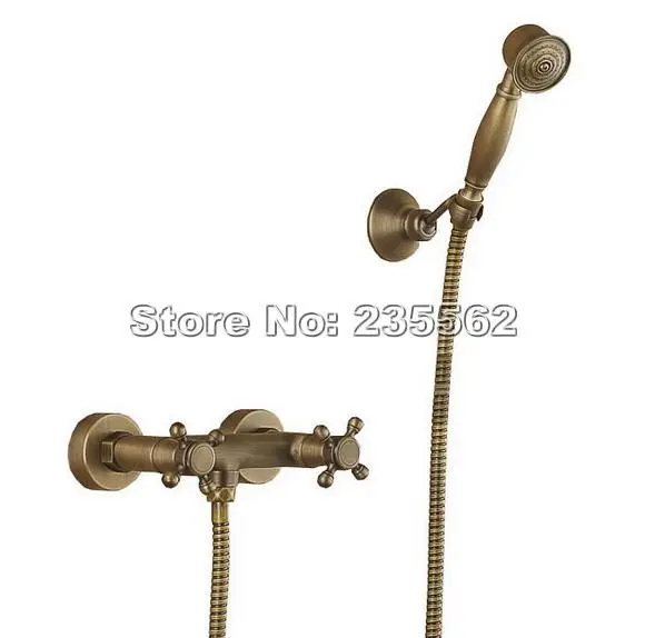 

Vintage Antique Brass Wall Mounted Bathroom Handheld Shower Faucet Set Dual Cross Handle Mixer Tap Lrs016