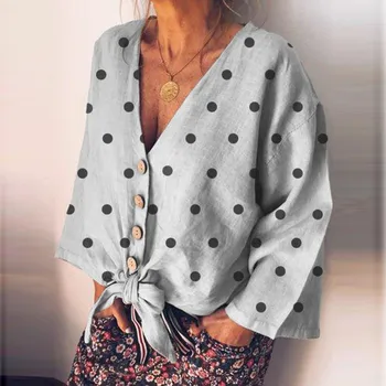 

womens tops and blouses Casual Long Sleeve V Neck Polka Dot Top Elbow Patches dames kleding Shirt blusas mujer de moda 2019