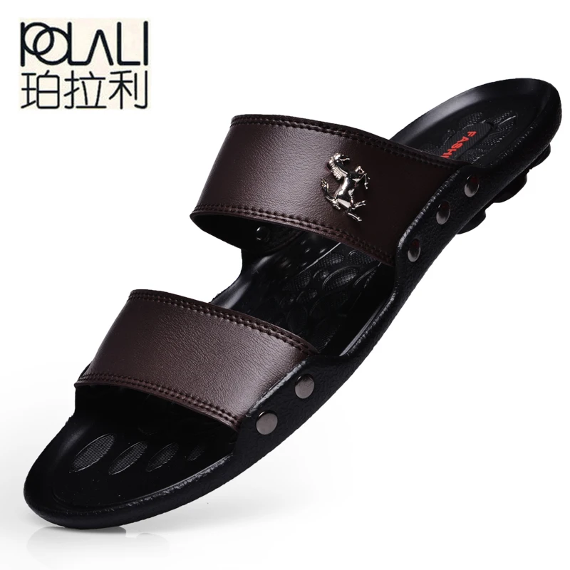 

POLALI Casual Famous Brand 2018 Men Sandals Shoes Slippers Summer Flip Flops Beach Men Shoes Leather Sandalias Zapatos hombre