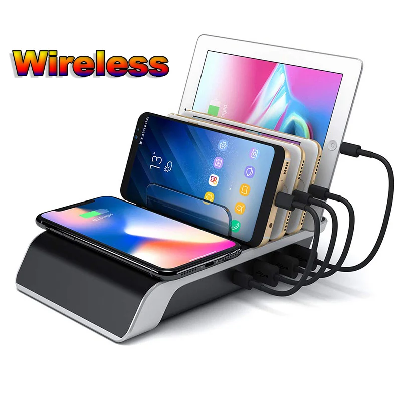 

USB Charging Station, 5-in-1 Multiple Charger Dock Organizer Stand with QI Wireless Charging Pad for Phones/Tablets/Cameras