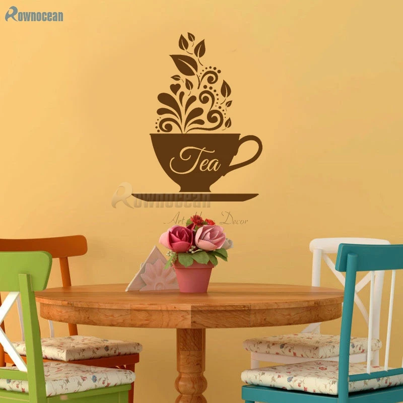 ROWNOCEAN Creative Design Kitchen Wall Stickers Tea Cup Art wall Decals Vinyl Decorations Living Room Mirror Removable 3D D582 ROWNOCEAN Creative Design Kitchen Wall Stickers Tea Cup Art wall Decals Vinyl Decorations Living Room Mirror Removable 3D D582