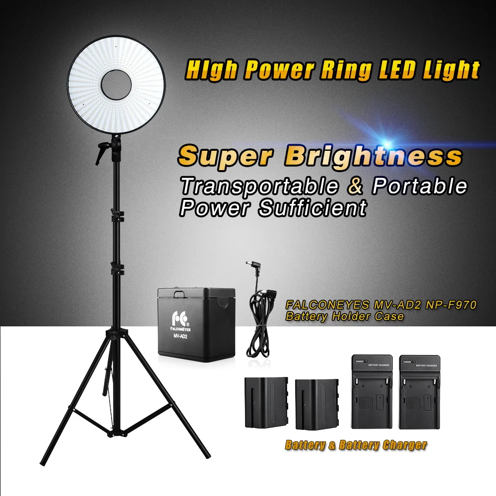 Falcon Eyes LED Ring Light Lamp Dimmable DVR-630D 630 LED 5500K~6000K Super Power Light for DSLR Camera+Battery Pack+Light Stand