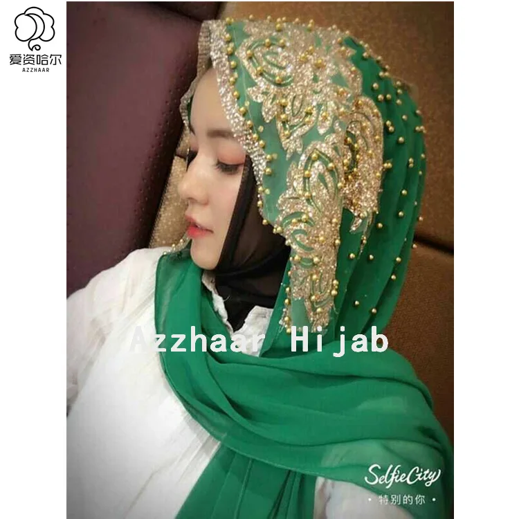 

Rhinestone Beading Sequins Bawal High Quality Chiffon Shawl Hijab Pearl Muslim Scarf Tudung 170x70cm