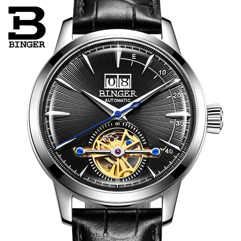 Оригинальные Роскошные Брендовые мужские часы Бингер с кожаным ремешком, автоматические механические самоходные деловые часы с календарем, водонепроницаемые