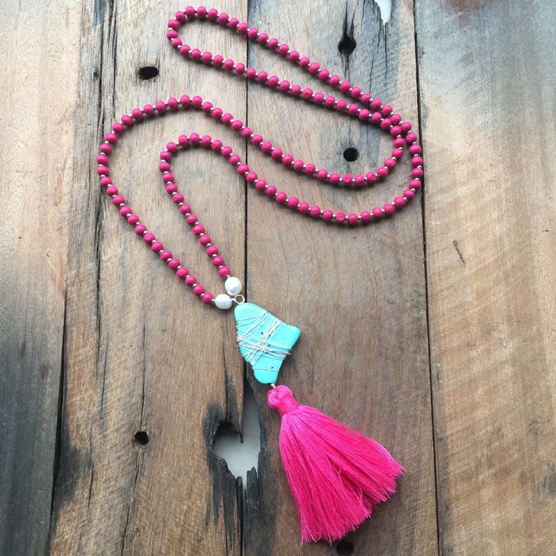 DM Красное длинное ожерелье с кисточками для женщин, пара, бахрома 6 мм, деревянные бусины, каменная цепочка, модные ювелирные изделия, новые Богемные аксессуары, подарок