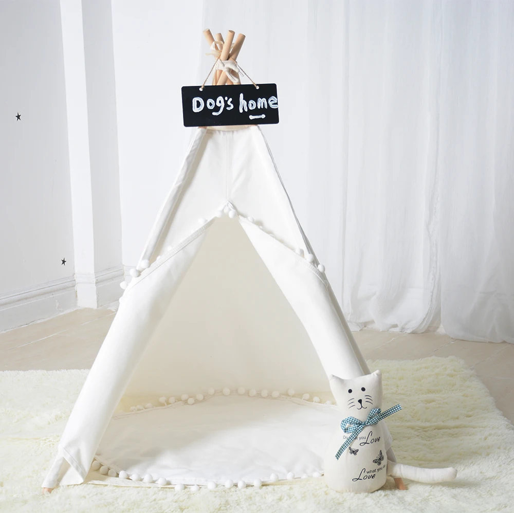 

Pets tent with floor mat dog cat bed room cotton fabric teepee wooden poles indian tipi pet cage animal house