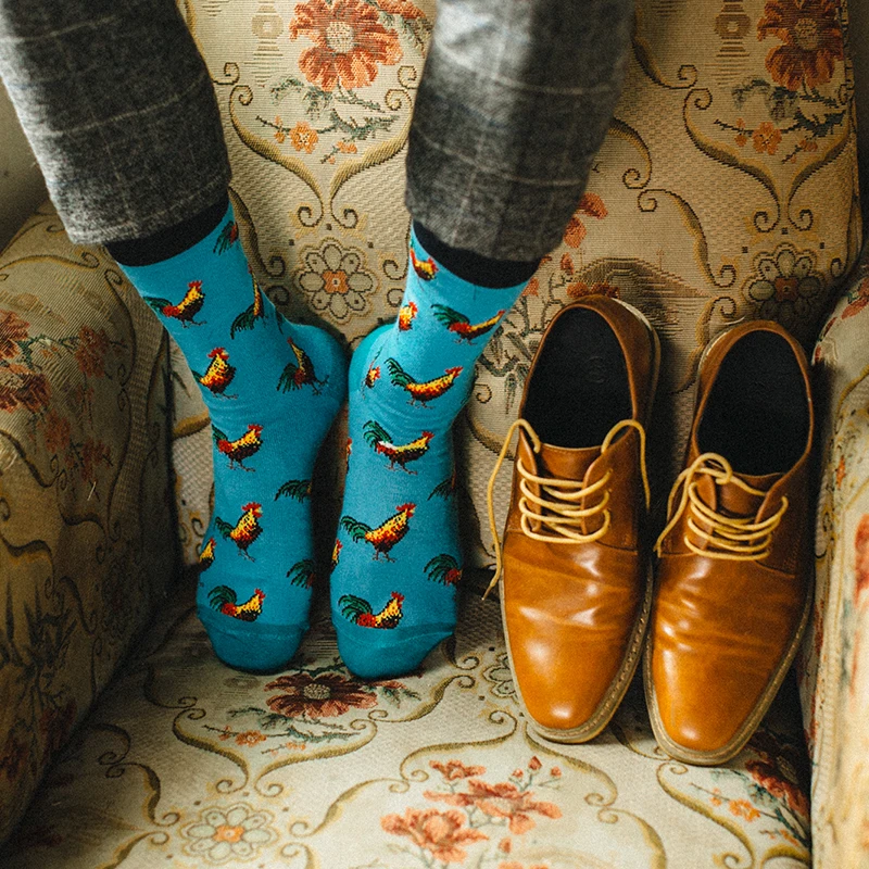 

men vintage blue animal rooster crew socks gentleman British England elegant business socks male fashion character suits socks