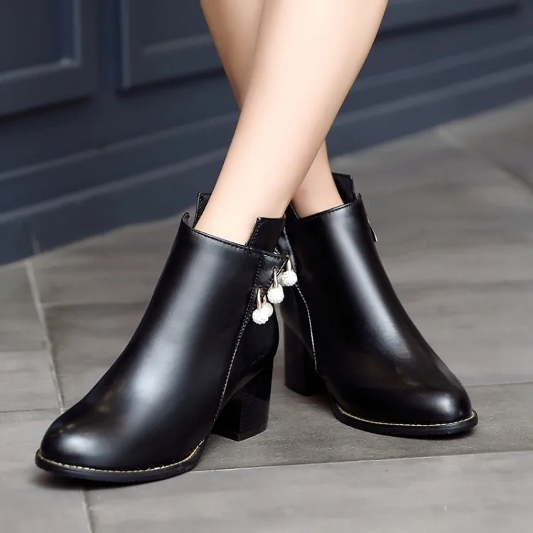 

Big Size 11 12 13 14 15 Round-head thick heel high heel side zipper water drill short tube square heel fashion boots