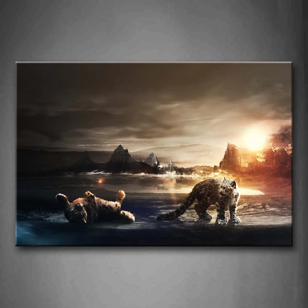 

Framed Wall Art Pictures Snow Leopards Lakeside Sunset Canvas Print Animal Posters With Wooden Frames For Living Room