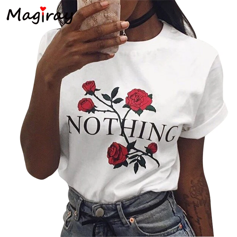 Harajuku Letters Rose Printed Female T Shirt Top Plus Size T Shirt Women 2017 Short Sleeve
