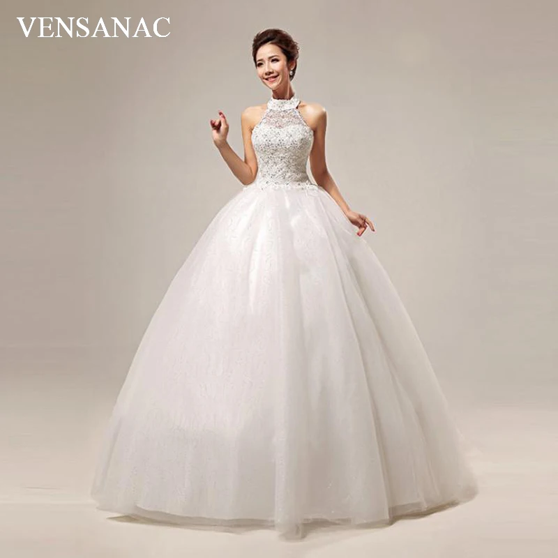 Vensanac 2018 Sequined Halter Ball Gown Lace Appliques Wedding