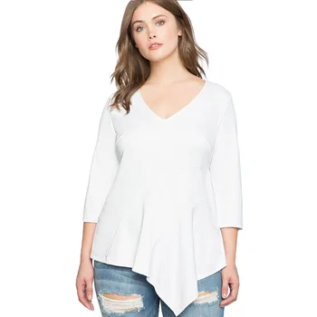 

2018 Hot New Solid Large Size V Collar Seven Points Asymmetrical Casual Straight Plus Size Woman T-shirt Mujer T-shirts Big Yard