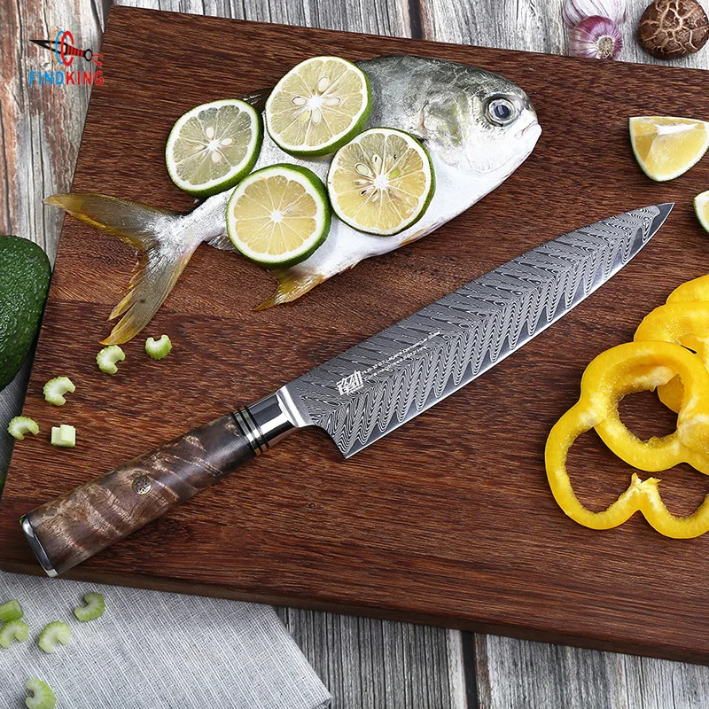 FINDKING New AUS-10 damascus steel Sapele wood handle arrow pattern damascus knife 8 inch chef knife 67 layers kitchen knives FINDKING New AUS-10 damascus steel Sapele wood handle arrow pattern damascus knife 8 inch chef knife 67 layers kitchen knives