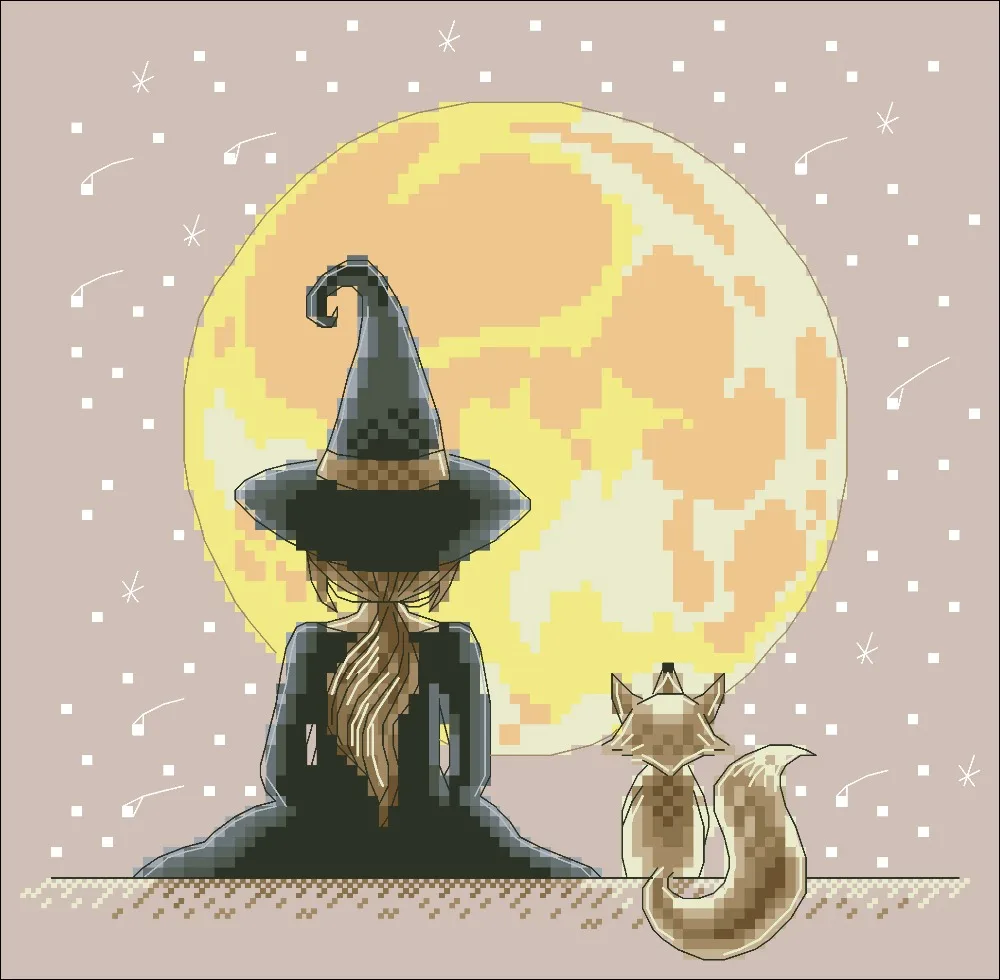 

Little witch under the moon cross stitch kit design cotton silk thread 14ct 11ct linen flaxen canvas embroidery DIY needlework