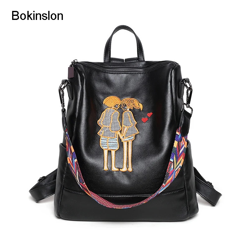 

Bokinslon Backpack Brand Women Split Leather Fashion Woman Travel Bags Popular Embroidery Female Bags Backpack