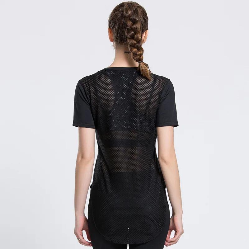 

Sport Top Fitness Women Back Mesh Patchwork Workout Tops Running Gym Crop Top Black Yoga T-shirt Vital Seamless Tee Shirt