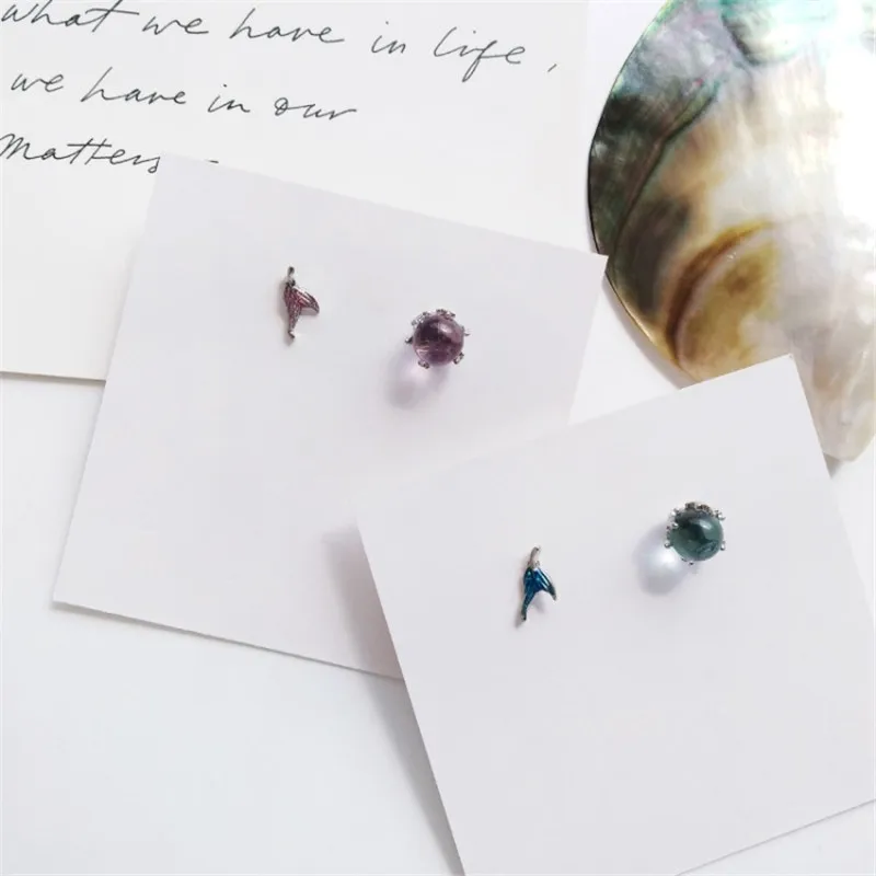 

Fashion Asymmetric Mermaid Tail Purple Blue Glass Beads Stud Ear Clips Cute Sweet Student Earrings Female Trendy Jewelry Gift