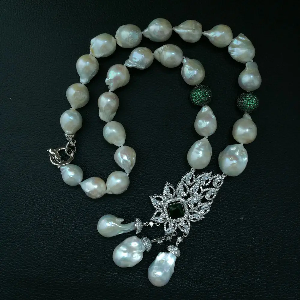 

22" White Keshi Pearl Necklace CZ Pendant