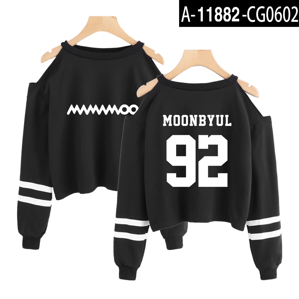Mamamoo короткий топ с открытыми плечами Kawaii Корейский Kpop весенний свитер с длинным рукавом женская одежда уличная Ночная одежда - Цвет: black